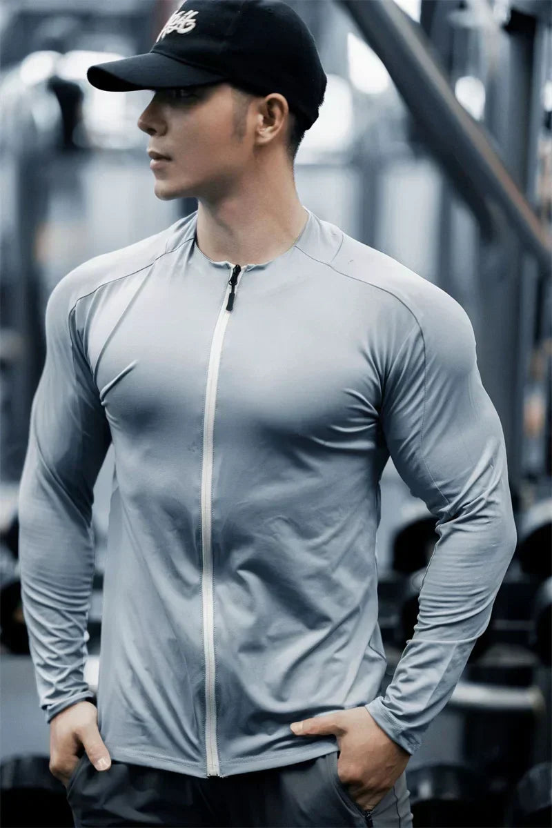 Men's Compression Jacket cardigan zipper Shirts Light Weight Slim Fit Long Sleeve Workout T-Shirts gym elasticity coat men tops