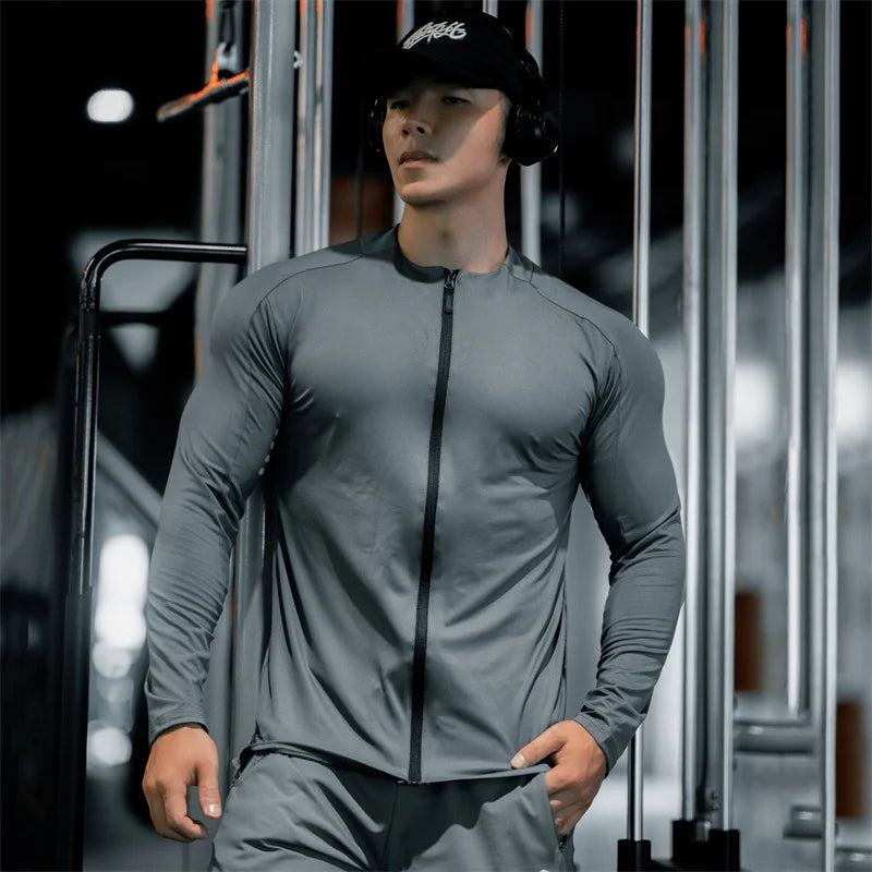 Men's Compression Jacket cardigan zipper Shirts Light Weight Slim Fit Long Sleeve Workout T-Shirts gym elasticity coat men tops