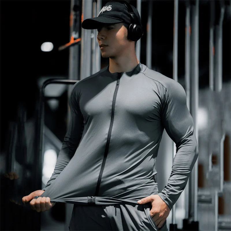 Men's Compression Jacket cardigan zipper Shirts Light Weight Slim Fit Long Sleeve Workout T-Shirts gym elasticity coat men tops